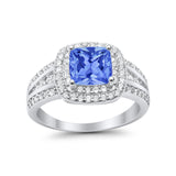 Halo Wedding Ring Princess Simulated Tanzanite CZ 925 Sterling Silver