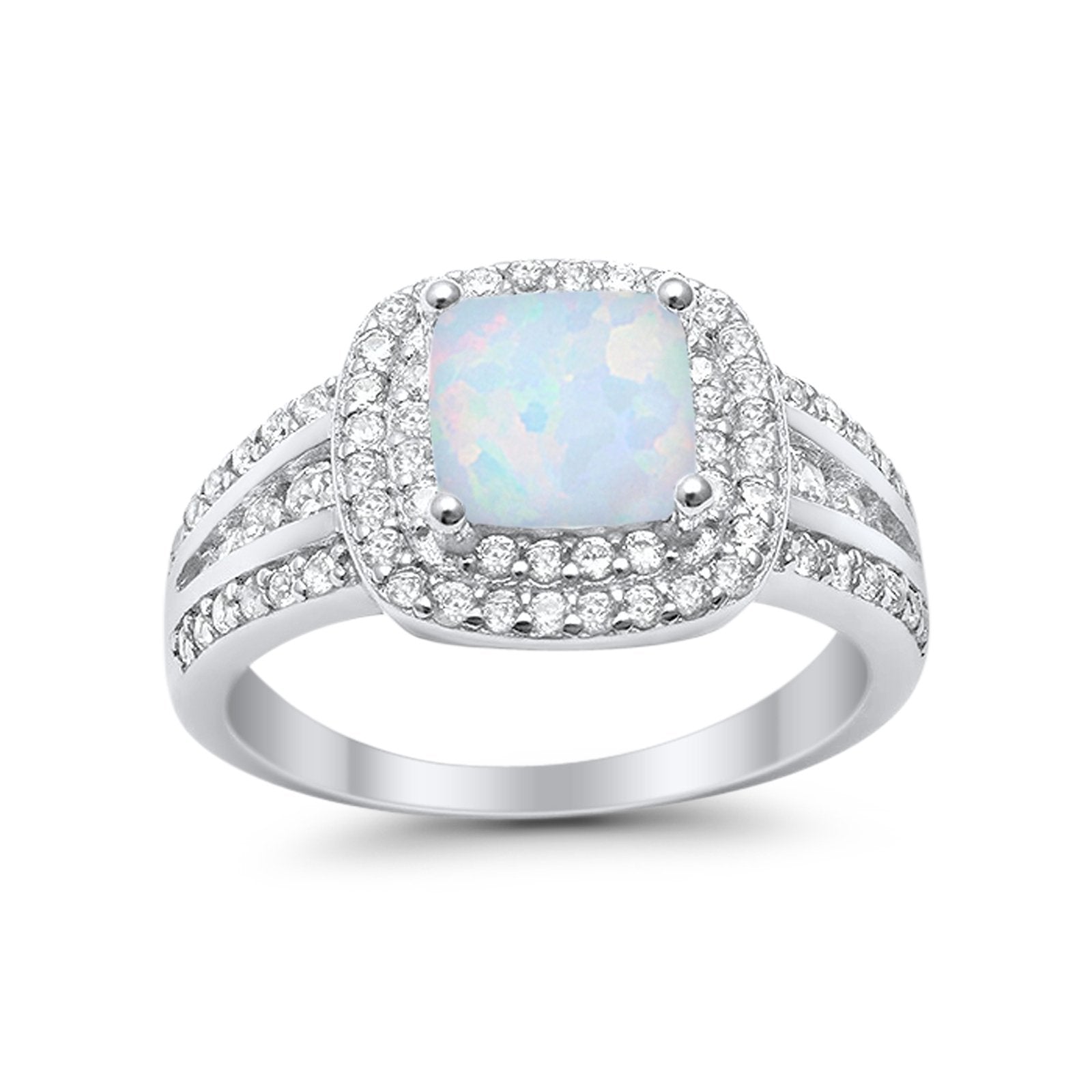 Halo Wedding Ring Princess Lab Created White Opal 925 Sterling Silver