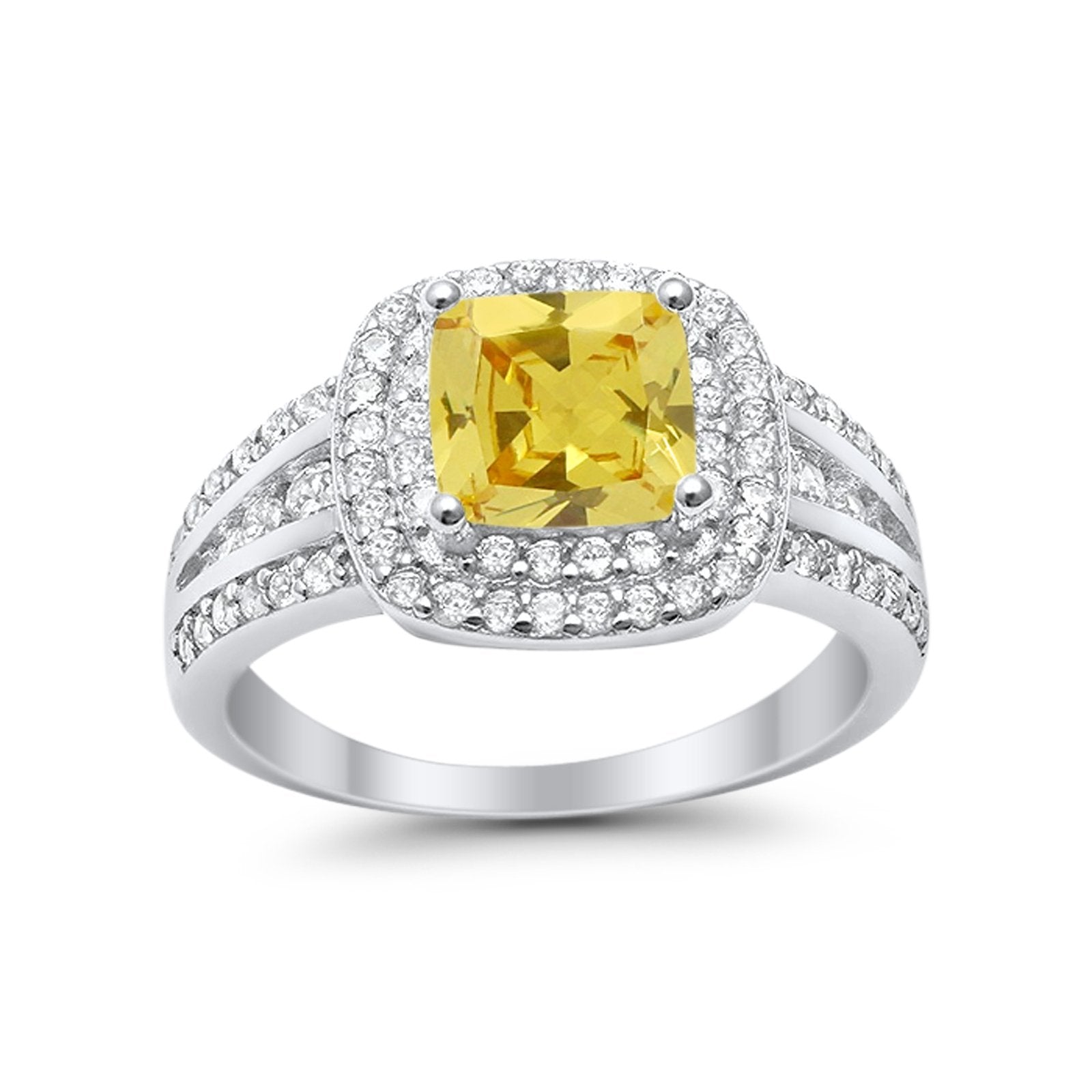 Halo Wedding Ring Princess Simulated Yellow CZ 925 Sterling Silver
