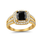 Halo Wedding Ring Princess Yellow Tone, Simulated Black CZ 925 Sterling Silver