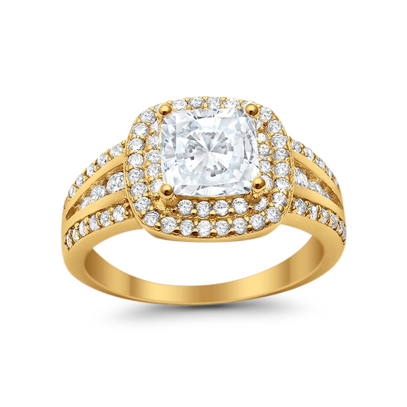 Halo Wedding Ring Princess Yellow Tone, Simulated Cubic Zirconia 925 Sterling Silver