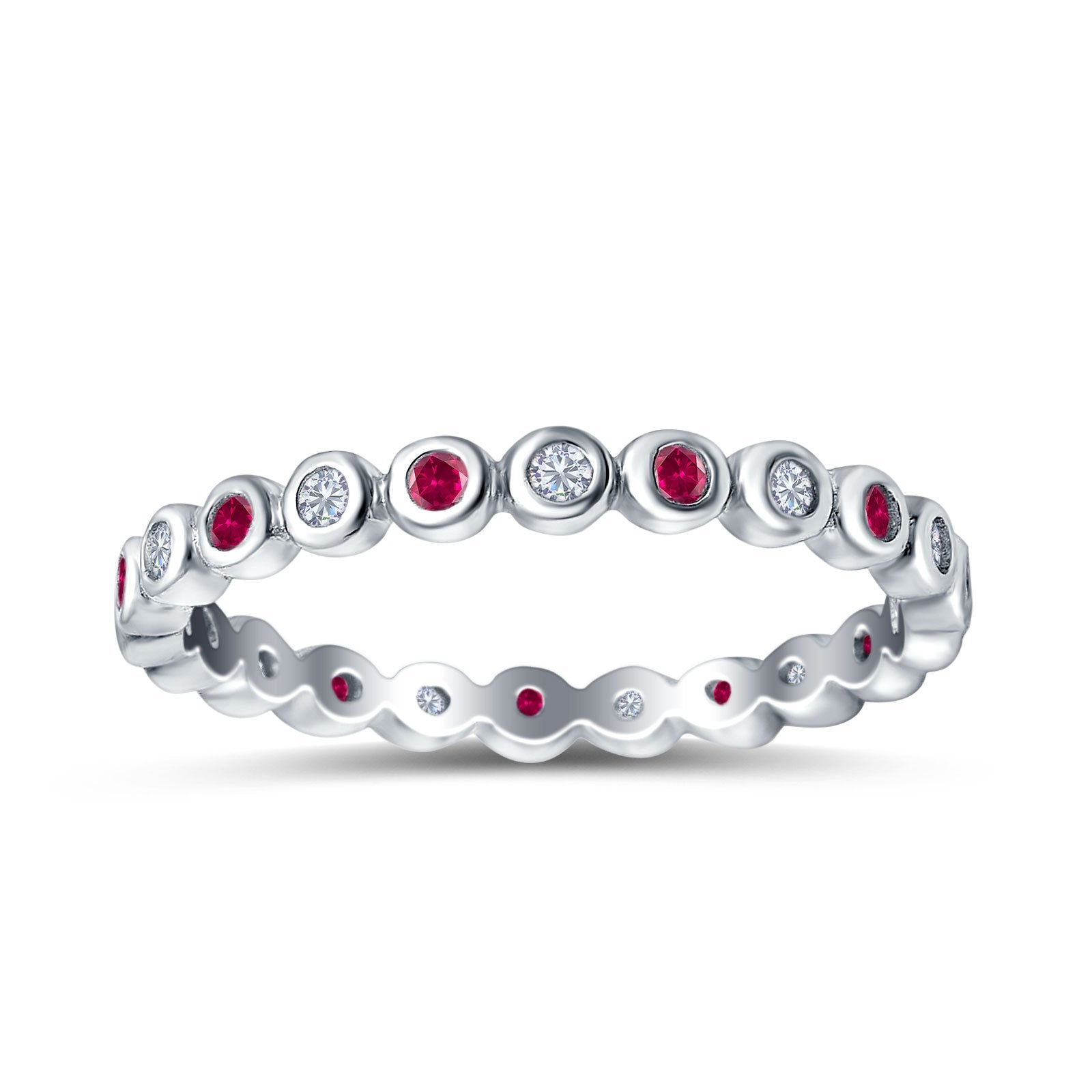 Full Eternity 2.5mm Wedding Stackable Band Ring Round Simulated Ruby CZ 925 Sterling Silver