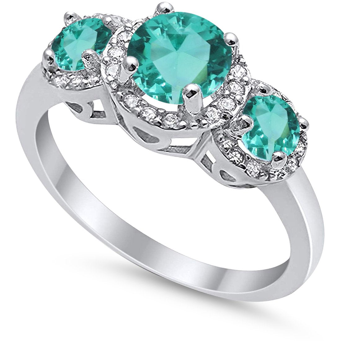 Three Stone Simulated Paraiba Tourmaline CZ Wedding Ring 925 Sterling Silver