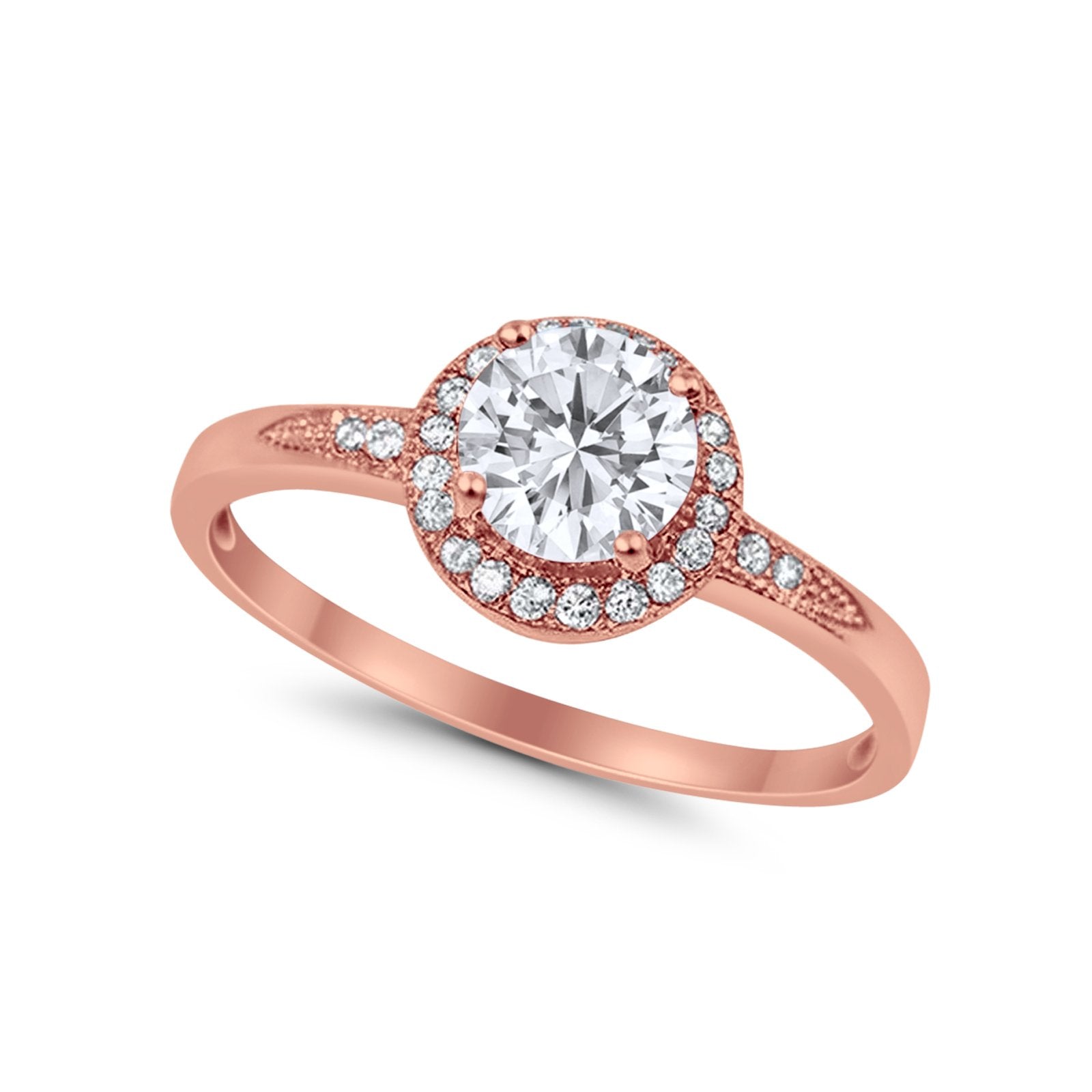 Halo Art Deco Engagement Ring Round Rose Tone, Simulated Cubic Zirconia 925 Sterling Silver