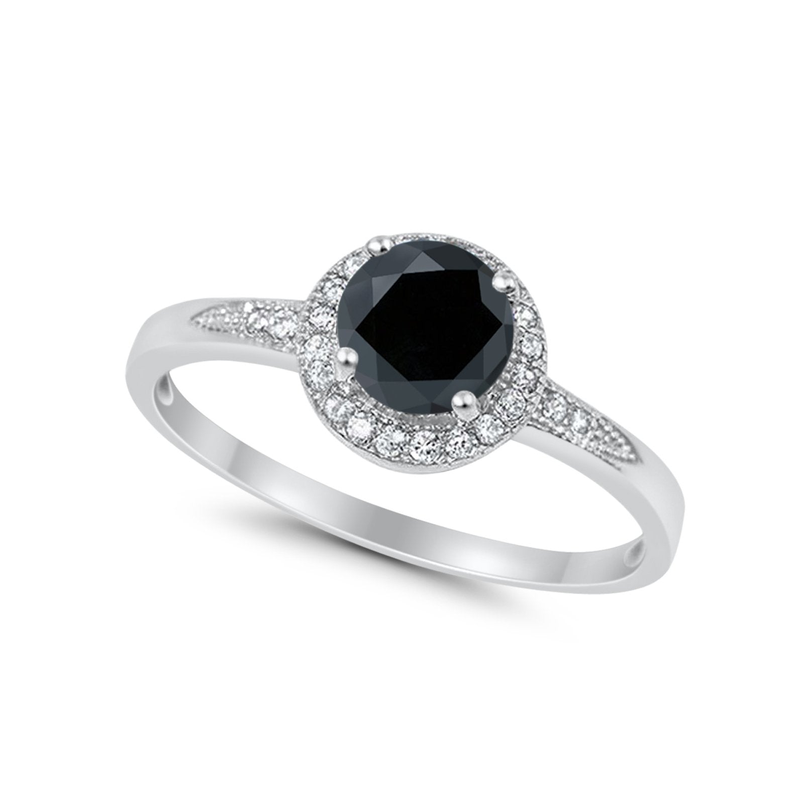 Halo Art Deco Engagement Ring Round Simulated Black CZ 925 Sterling Silver