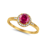 Halo Art Deco Engagement Ring Round Yellow Tone, Simulated Ruby CZ 925 Sterling Silver