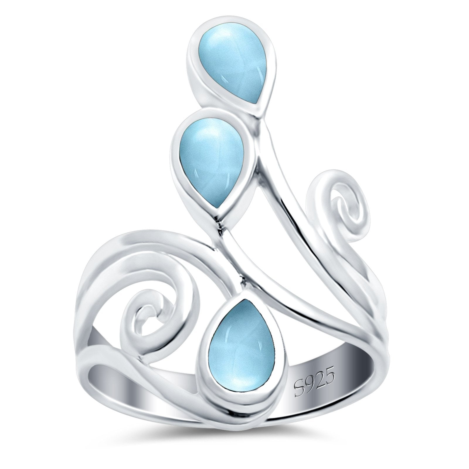 Fashion Teardrop Pear Swirl Spiral Ring Simulated Larimar 925 Sterling Silver