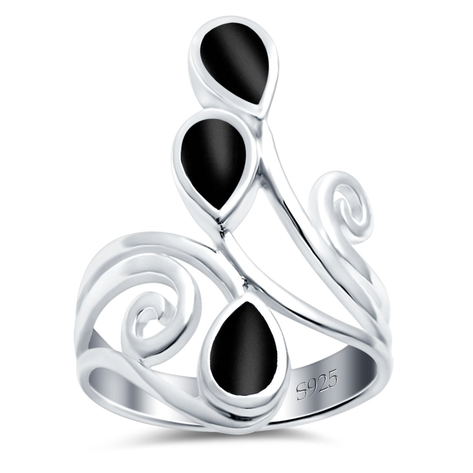 Fashion Teardrop Pear Swirl Spiral Ring Simulated Black Onyx 925 Sterling Silver