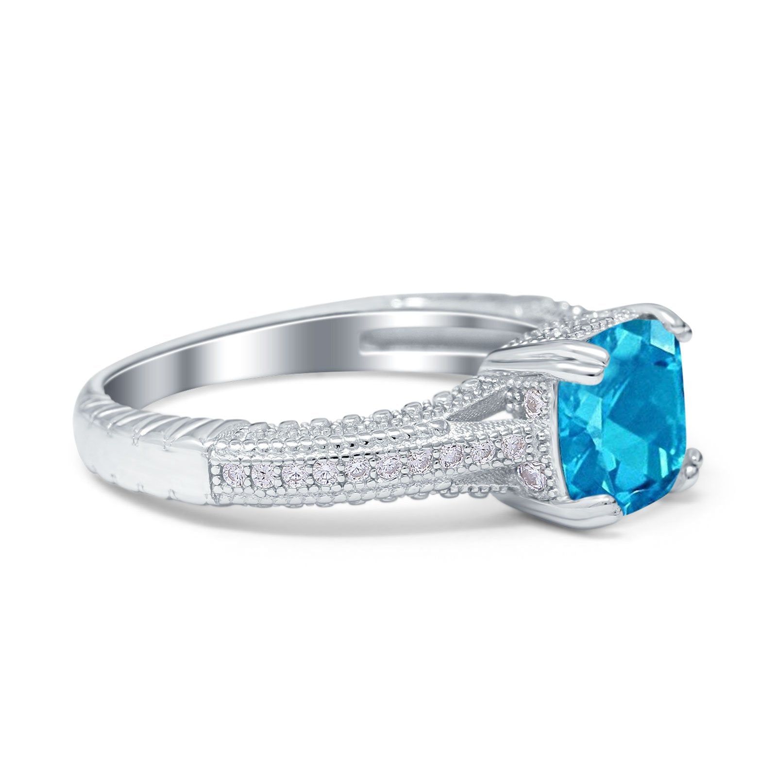 Cushion Cut Art Deco Engagement Ring Simulated Aquamarine CZ 925 Sterling Silver
