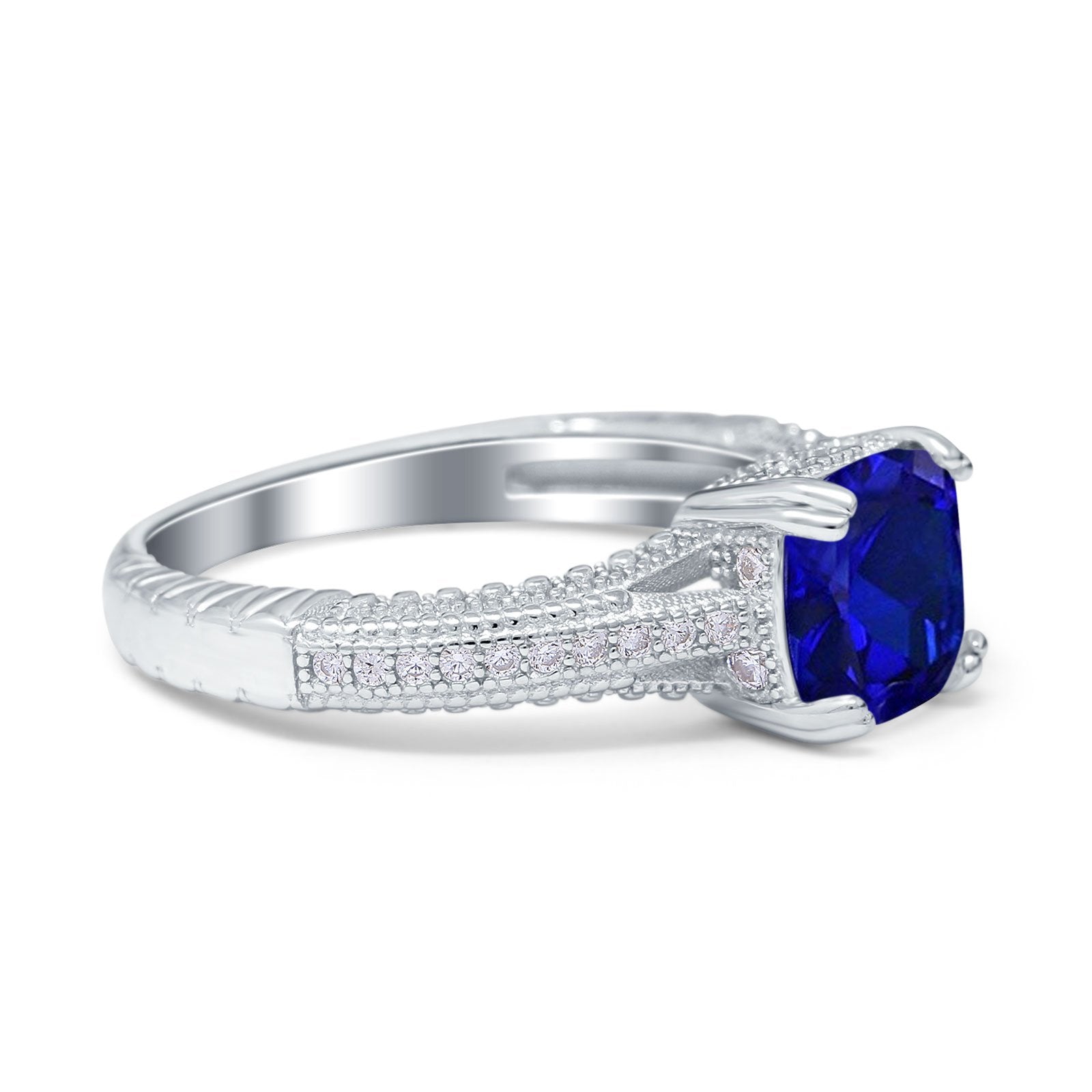 Cushion Cut Art Deco Engagement Ring Simulated Blue Sapphire CZ 925 Sterling Silver