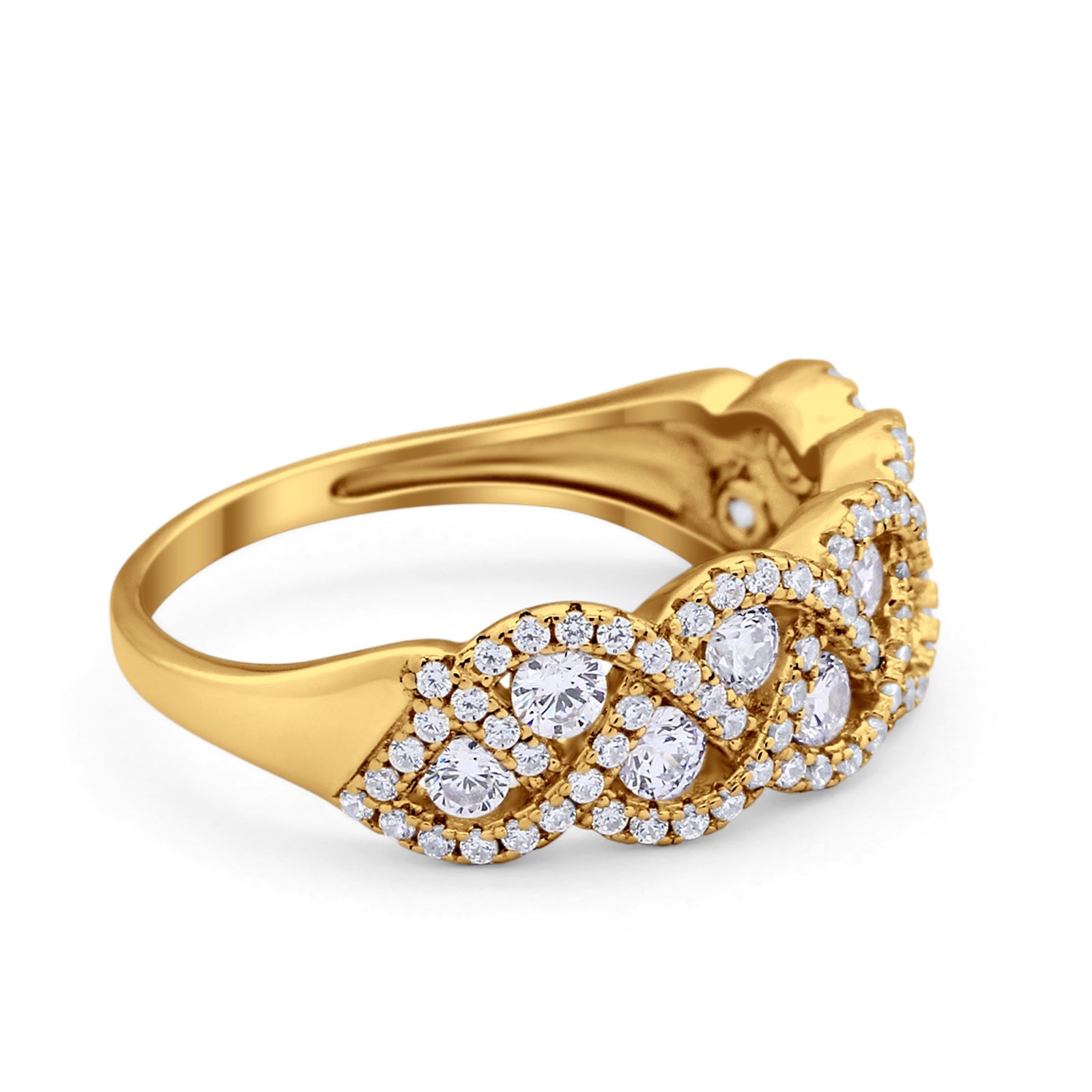 Weave Crisscross Infinity Yellow Tone, Simulated CZ Ring Round Eternity 925 Sterling Silver