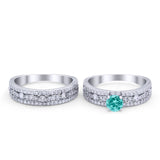 Art Deco Two Piece Bridal Set Wedding Ring Band Round Simulated Paraiba Tourmaline CZ 925 Sterling Silver