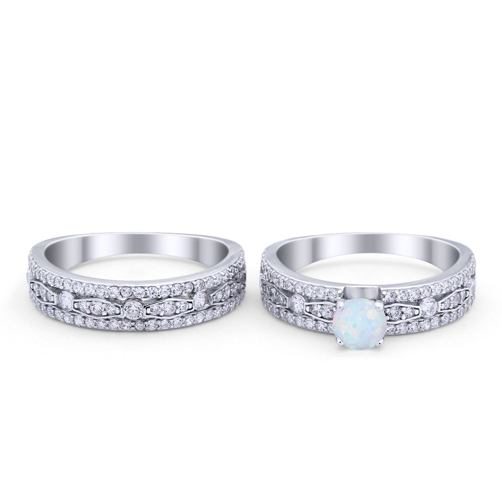 Art Deco Two Piece Bridal Set Wedding Ring Band Round Lab Created White Opal 925 Sterling Silver