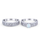 Art Deco Two Piece Bridal Set Wedding Ring Band Round Lab Created White Opal 925 Sterling Silver