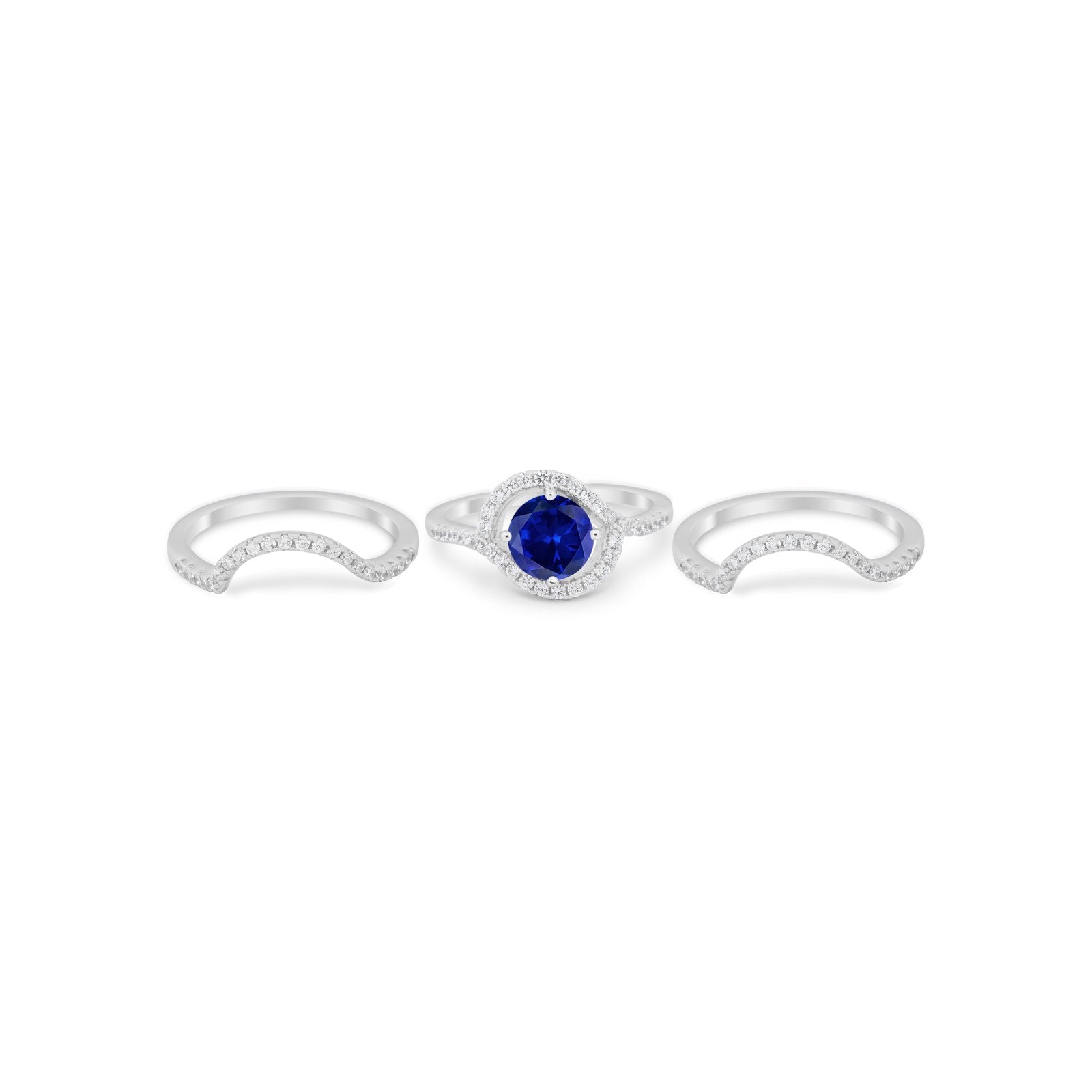 Three Piece Ring Band Round Simulated Blue Sapphire CZ 925 Sterling Silver