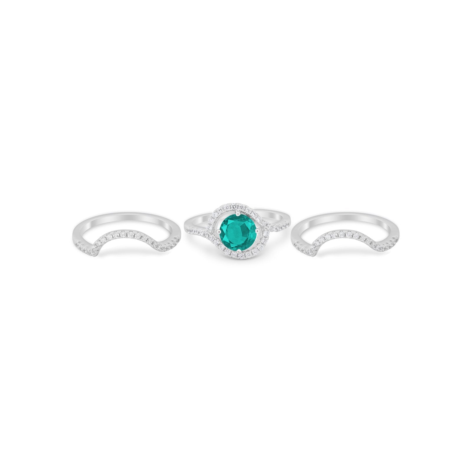 Three Piece Ring Band Round Simulated Paraiba Tourmaline CZ 925 Sterling Silver