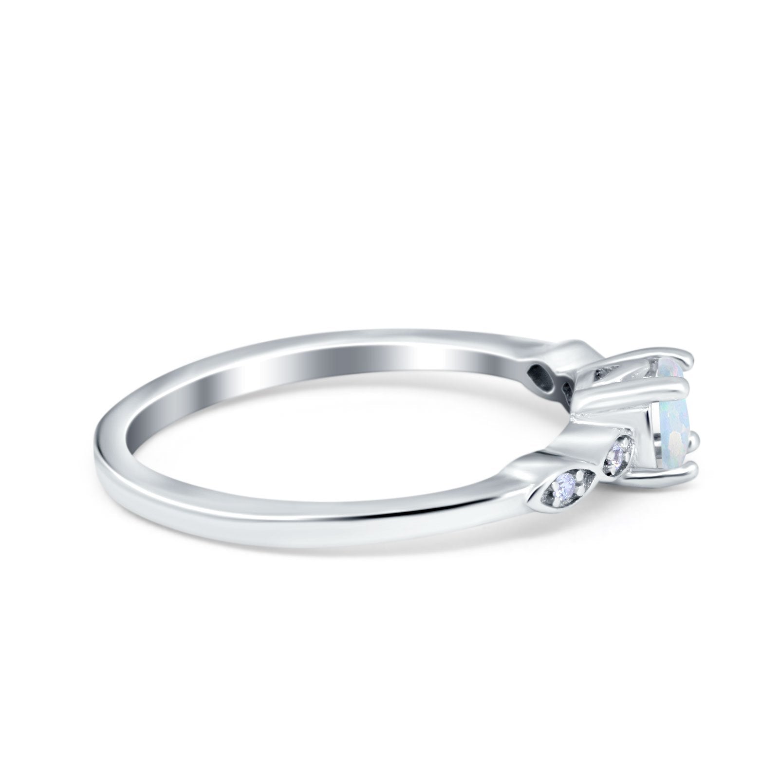 Petite Dainty Wedding Ring Round Lab Created White Opal 925 Sterling Silver