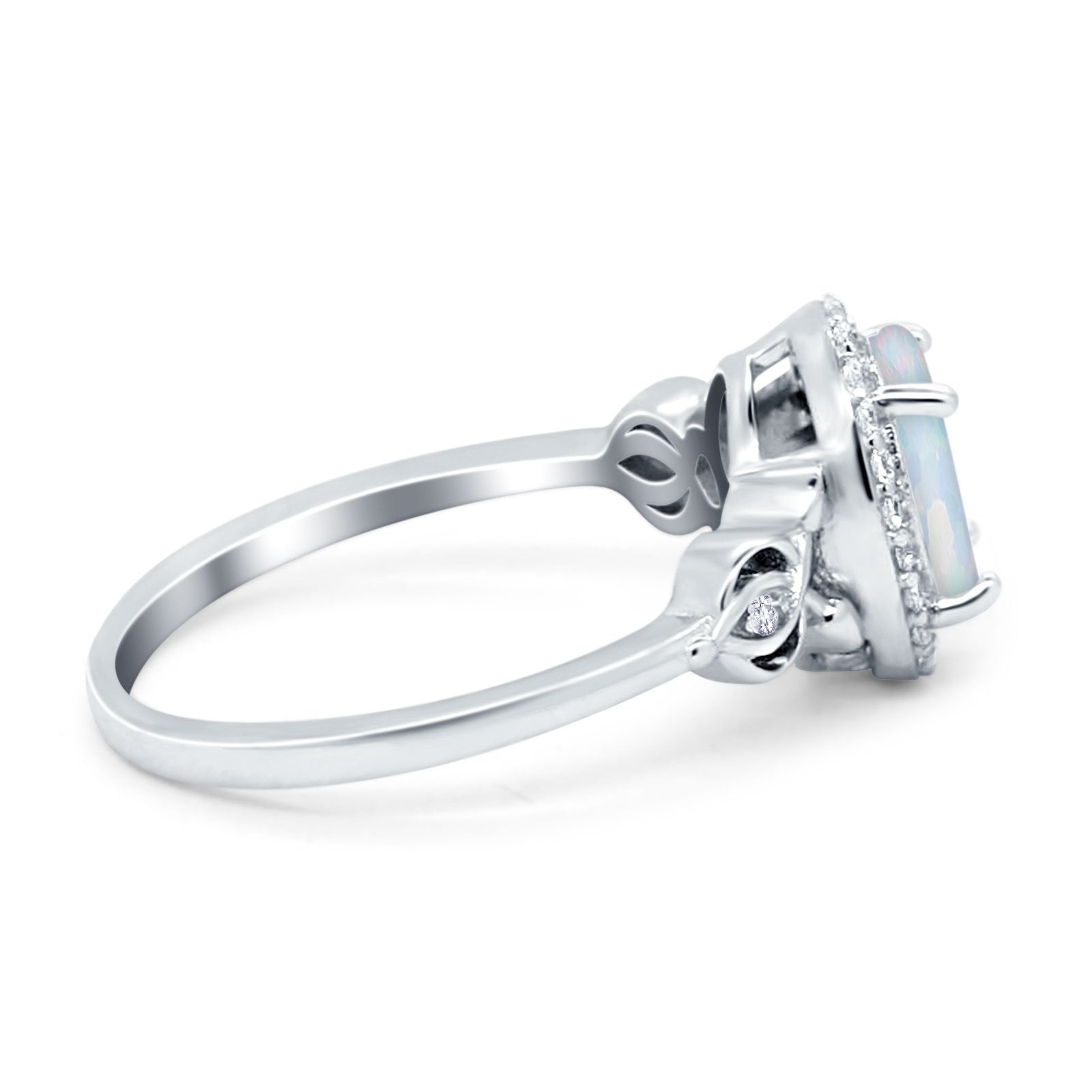 Oval Engagement Ring Halo Lab Created White Opal 925 Sterling Silver