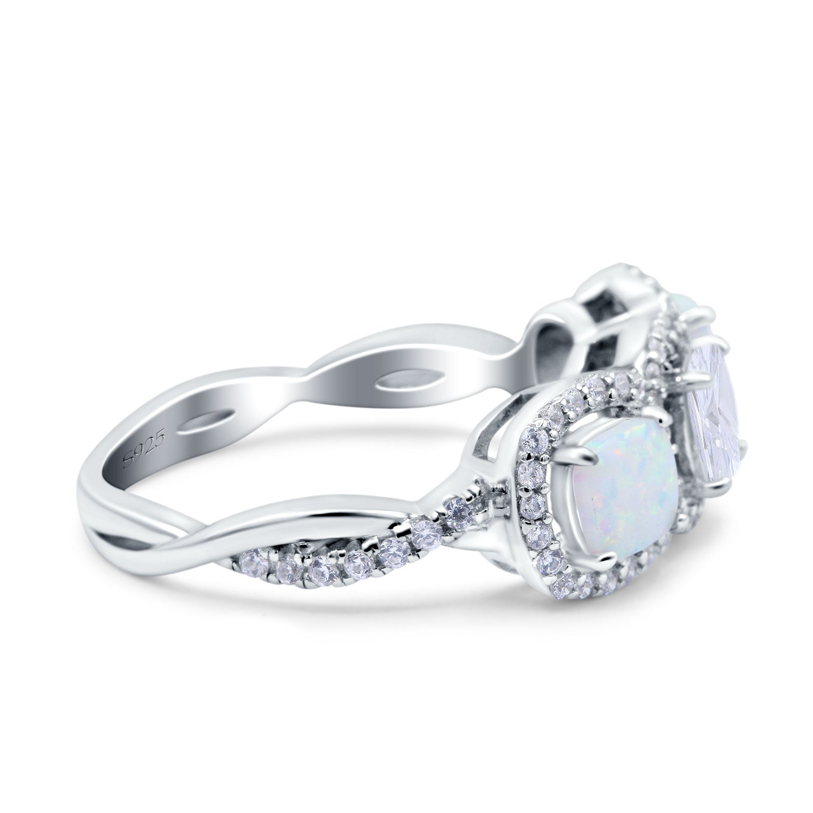 Halo Cushion Art Deco Three Stone Wedding Ring Simulated Cubic Zirconia 925 Sterling Silver