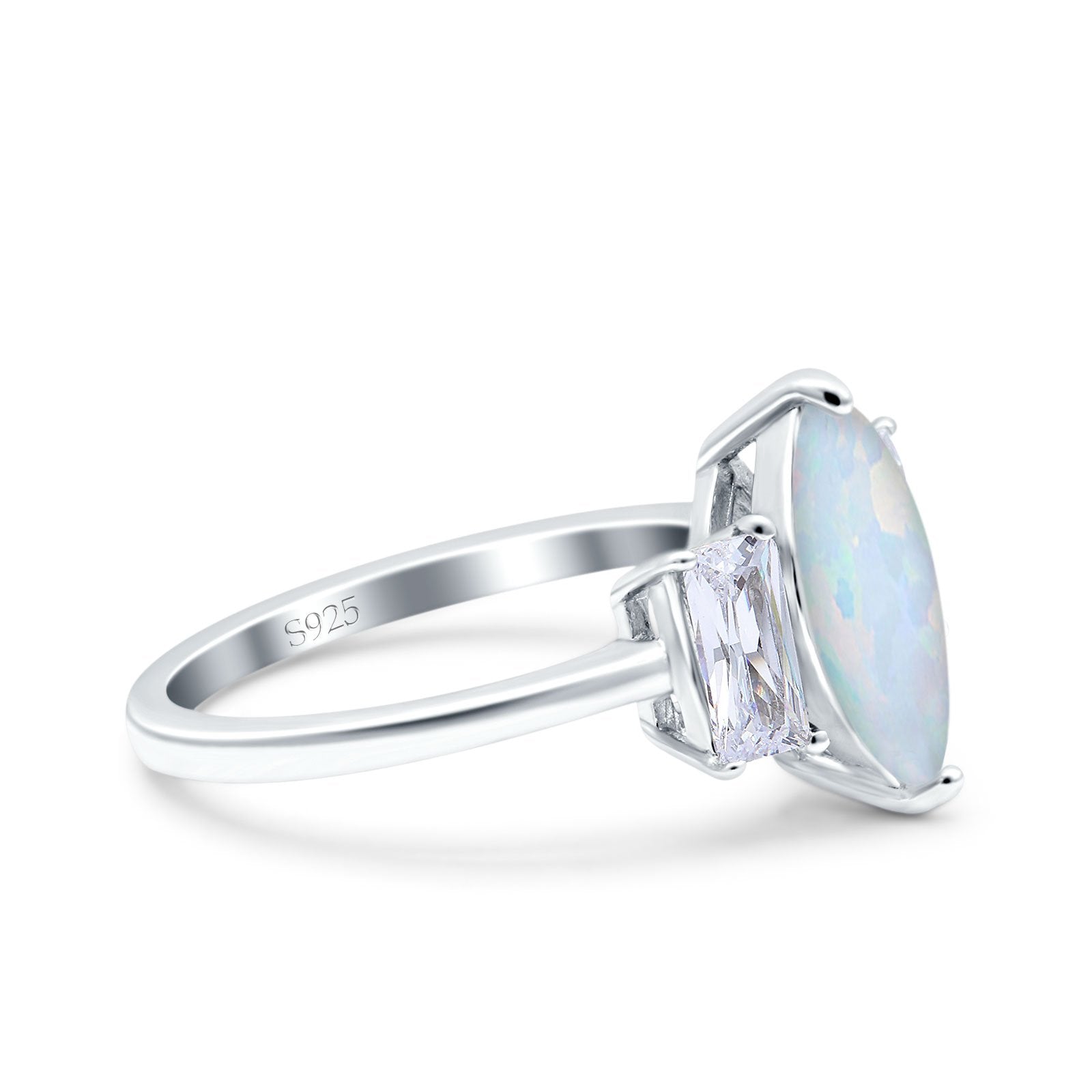 Marquise Art Deco Emerald Cut Lab Created White Opal Wedding Ring 925 Sterling Silver