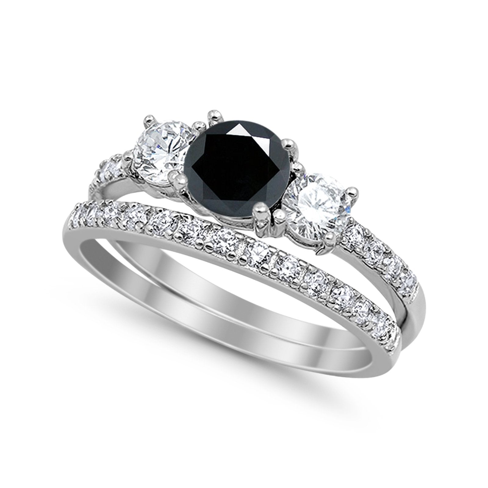 3-Stone Wedding Piece Bridal Set Ring Simulated Black CZ 925 Sterling Silver