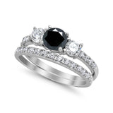 3-Stone Wedding Piece Bridal Set Ring Simulated Black CZ 925 Sterling Silver