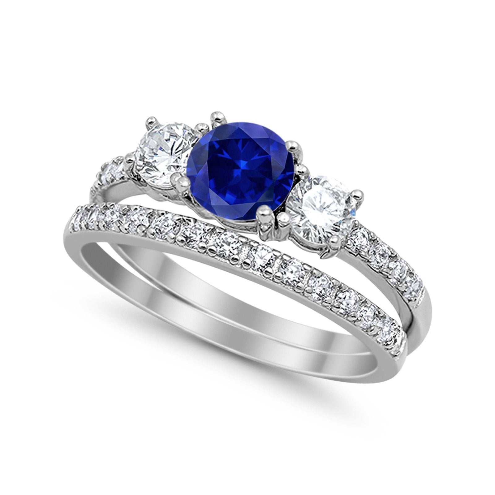 3-Stone Wedding Bridal Set Ring Round Simulated Blue Sapphire Cubic Zirconia 925 Sterling Silver
