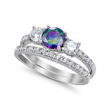 3-Stone Wedding Piece Bridal Set Ring Simulated Rainbow CZ 925 Sterling Silver