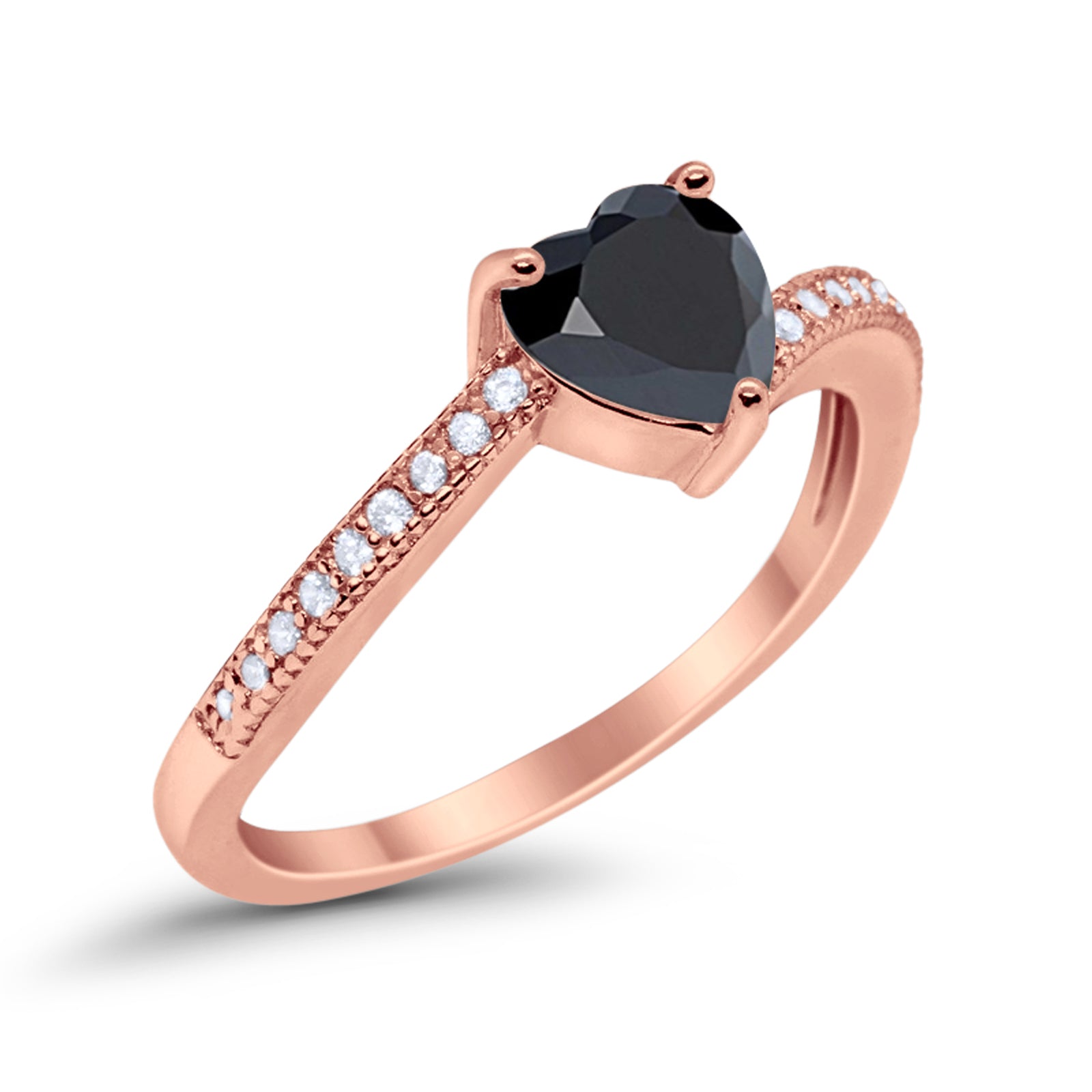 Heart Promise Ring Rose Tone, Simulated Black CZ 925 Sterling Silver