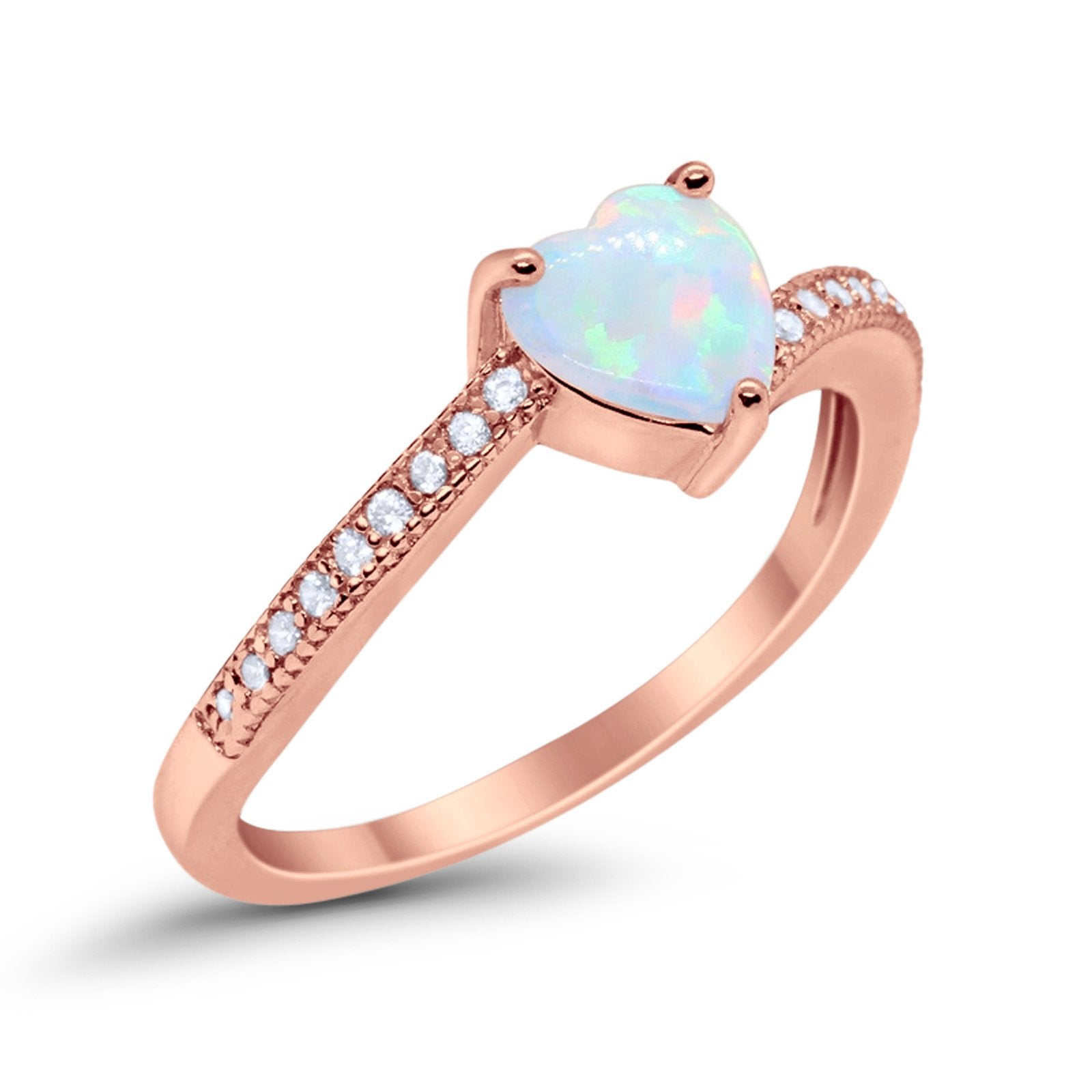 Heart Promise Ring Rose Tone, Lab Created White Opal 925 Sterling Silver