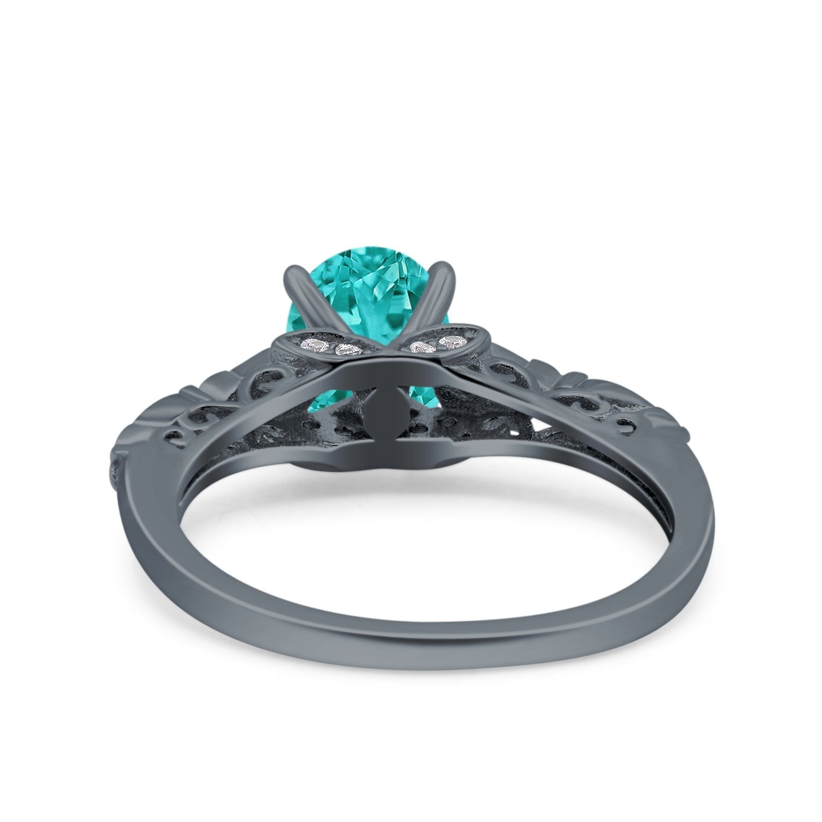 Art Deco Oval Engagement Black Tone, Simulated Paraiba Tourmaline CZ 925 Sterling Silver