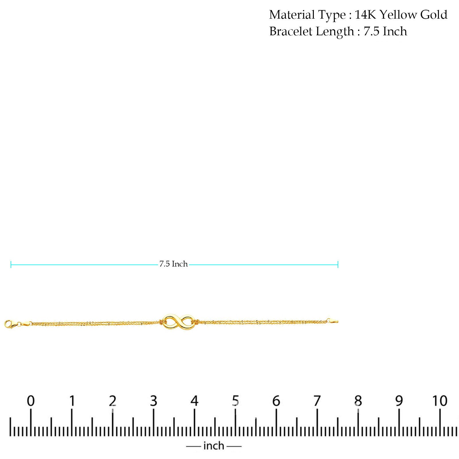 14K Yellow Gold Infinity Hollow Bracelet Chain 7.5" Extension