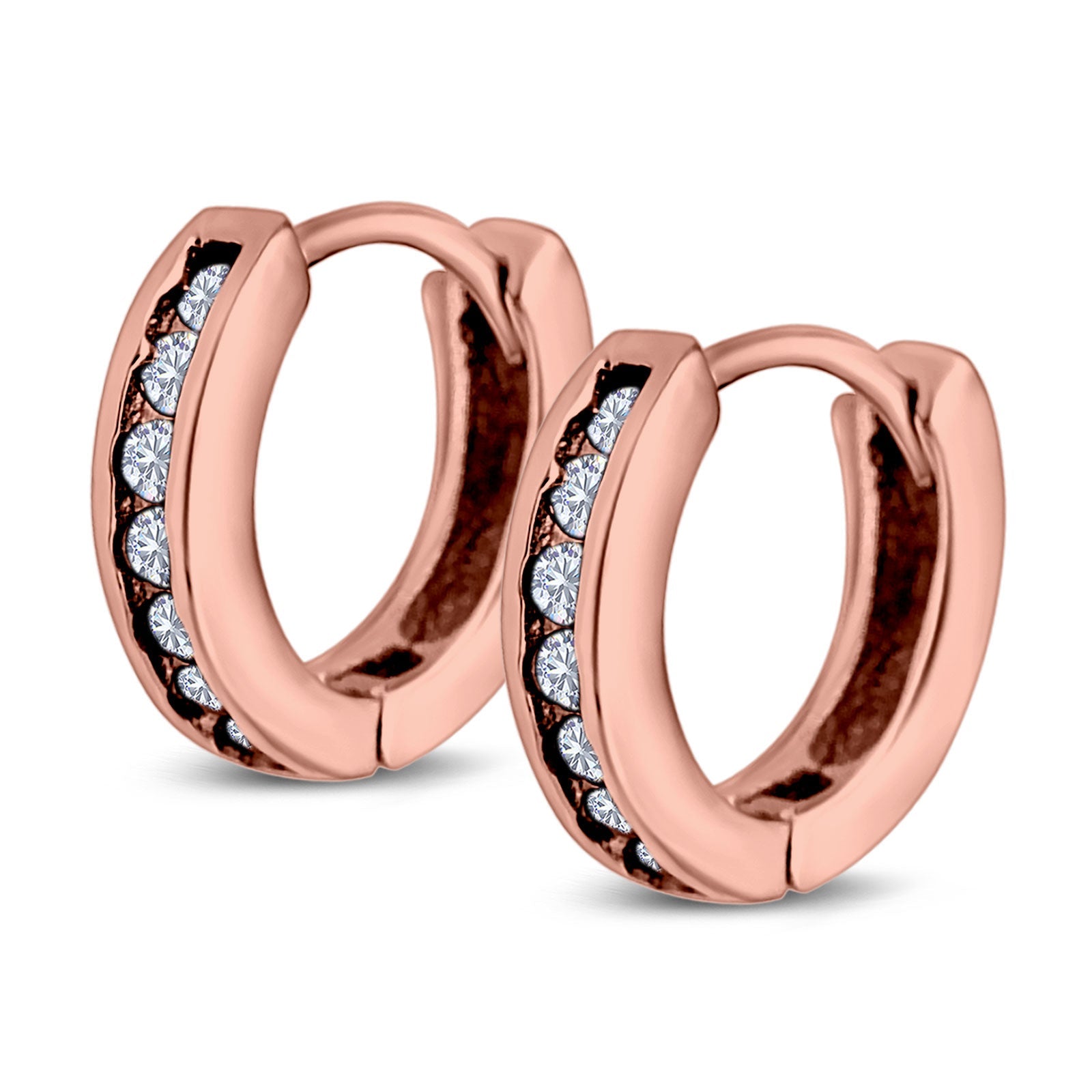 14K Rose Gold Round Art Deco Hoop Earrings Simulated CZ