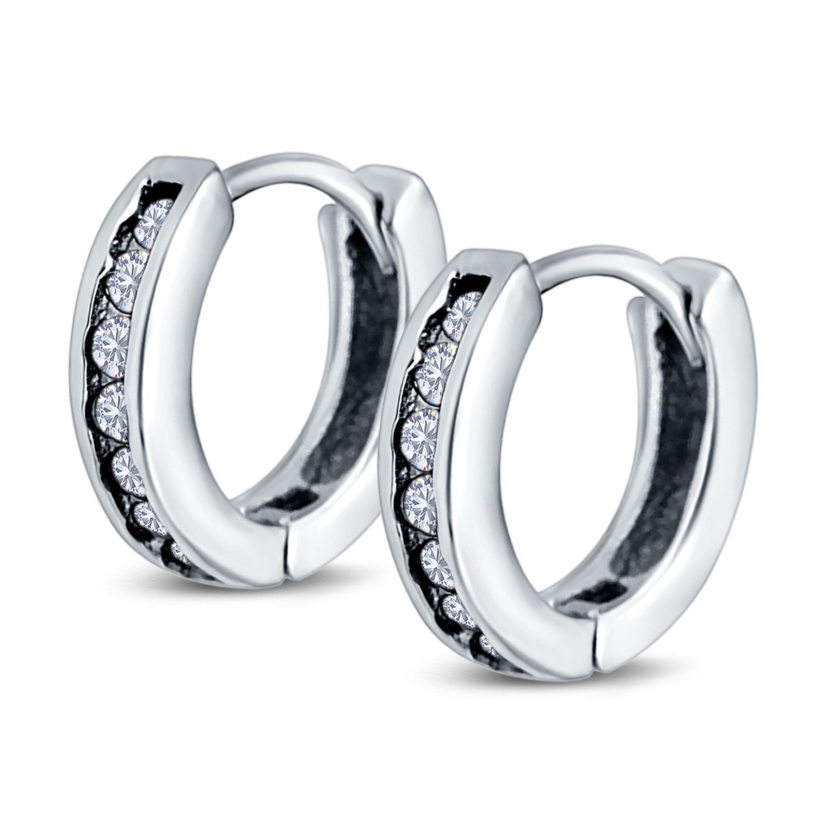 14K White Gold Round Art Deco Hoop Earrings Simulated CZ