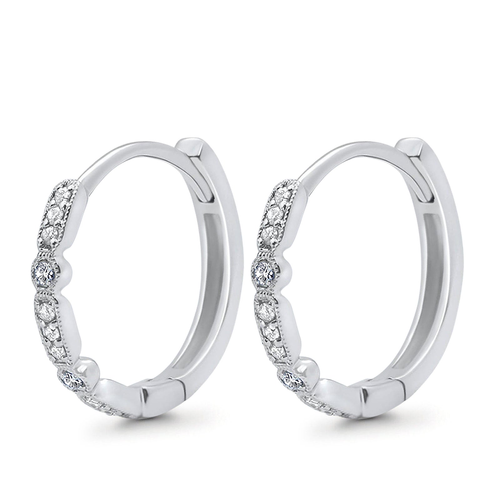 14K White Gold Art Deco Half Eternity Round Simulated Cubic Zirconia Hoop Earrings