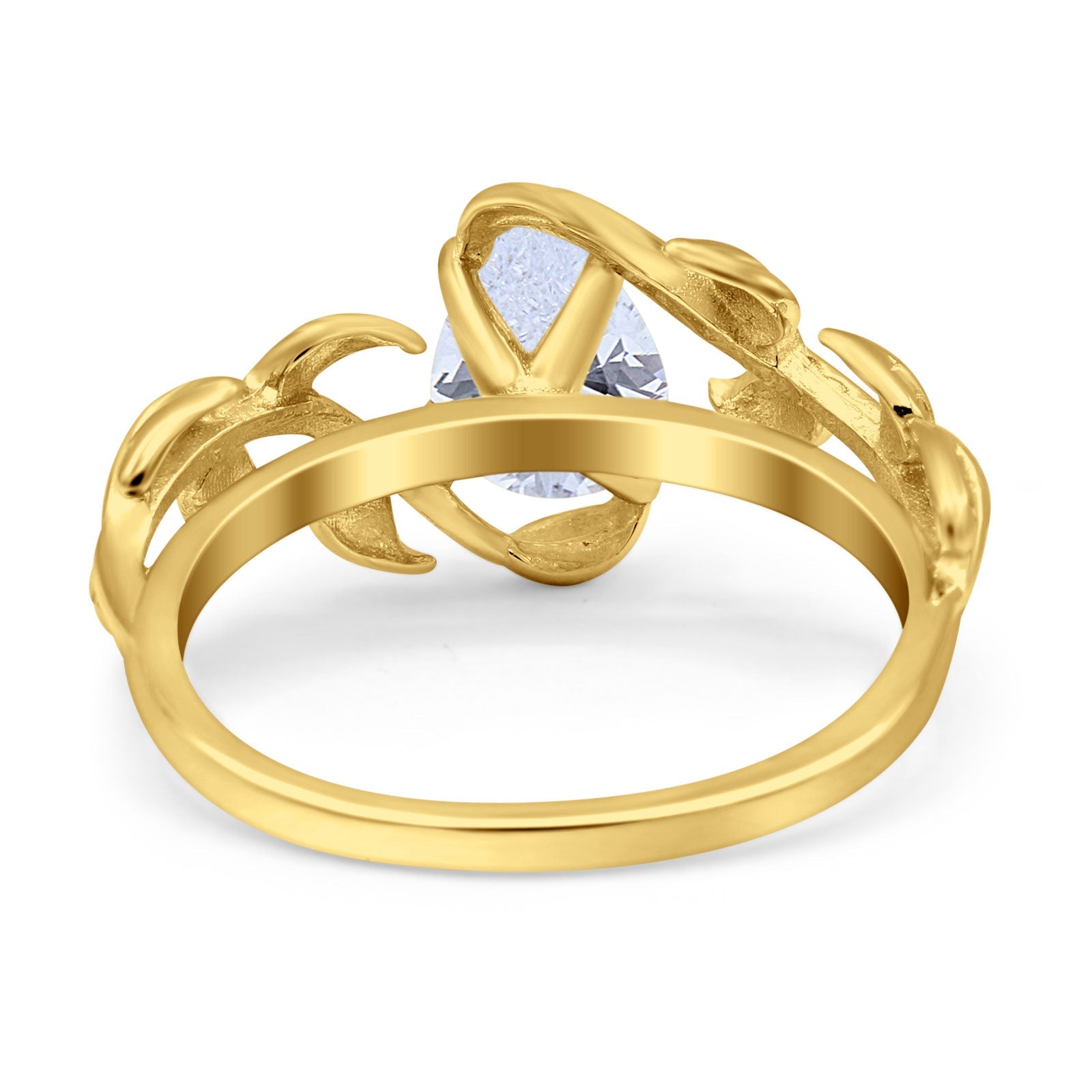 14K Yellow Gold Art Deco Leaves Pear Vintage Style Bridal Ring Simulated Cubic Zirconia Wedding Engagement Ring