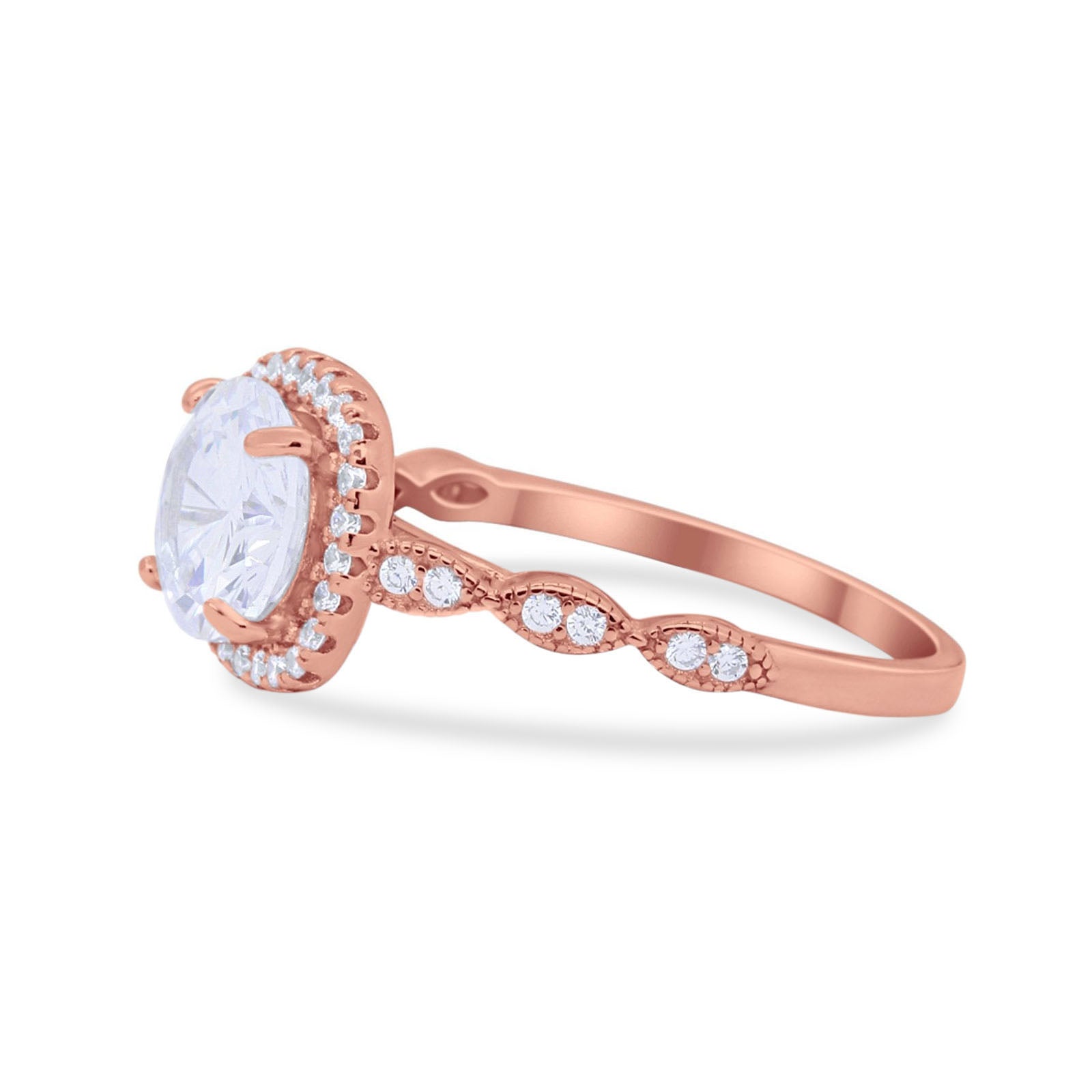 14K Rose Gold Round Art Deco Bridal Simulated CZ Wedding Engagement Ring Size 7
