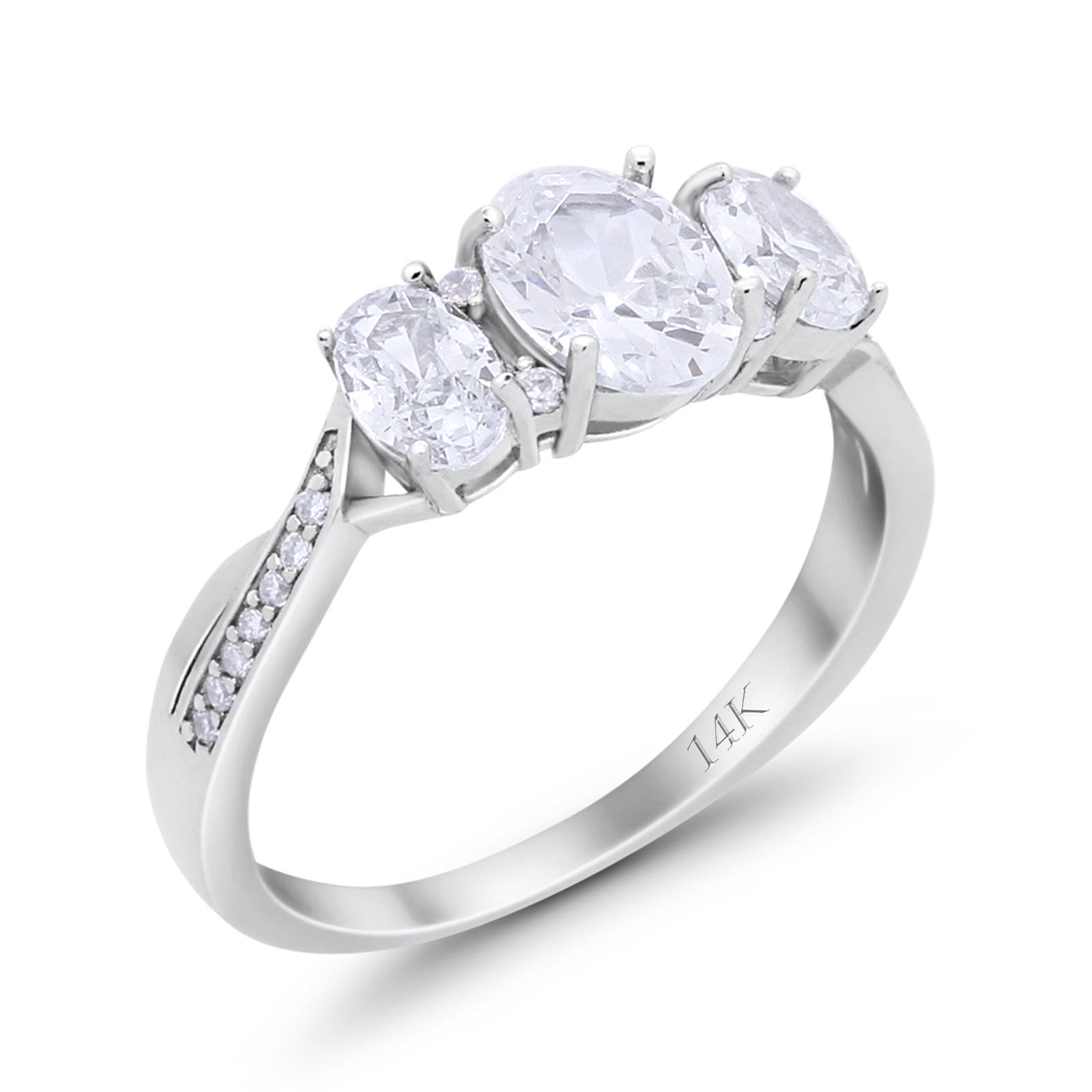 14K White Gold Oval Three Stone Simulated Cubic Zirconia Wedding Engagement Ring Size 7