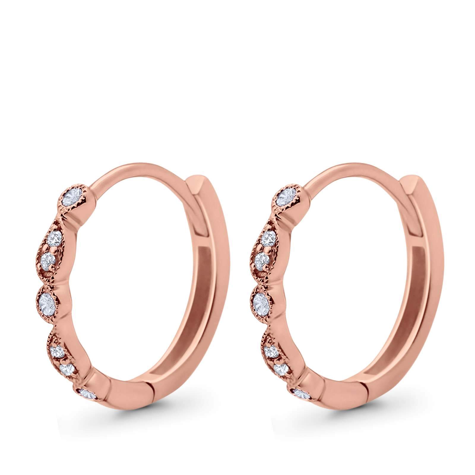 14K Rose Gold Huggie Hoop Earrings Round Simulated Cubic Zirconia