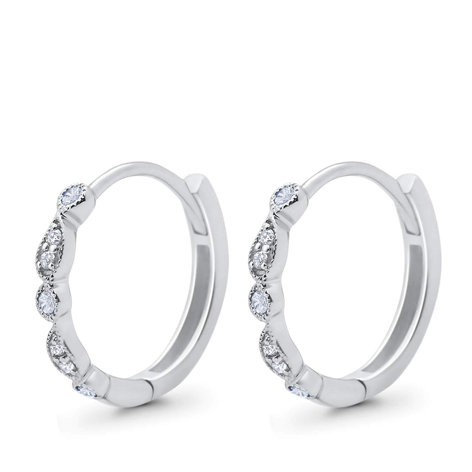 14K White Gold Huggie Hoop Earrings Round Simulated Cubic Zirconia