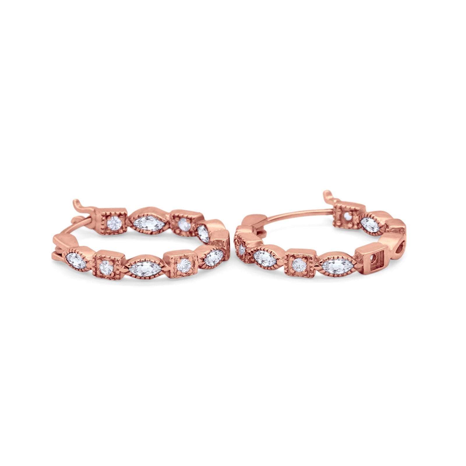 14K Rose Gold Art Deco Hoop Earrings Marquise Round Simulated CZ