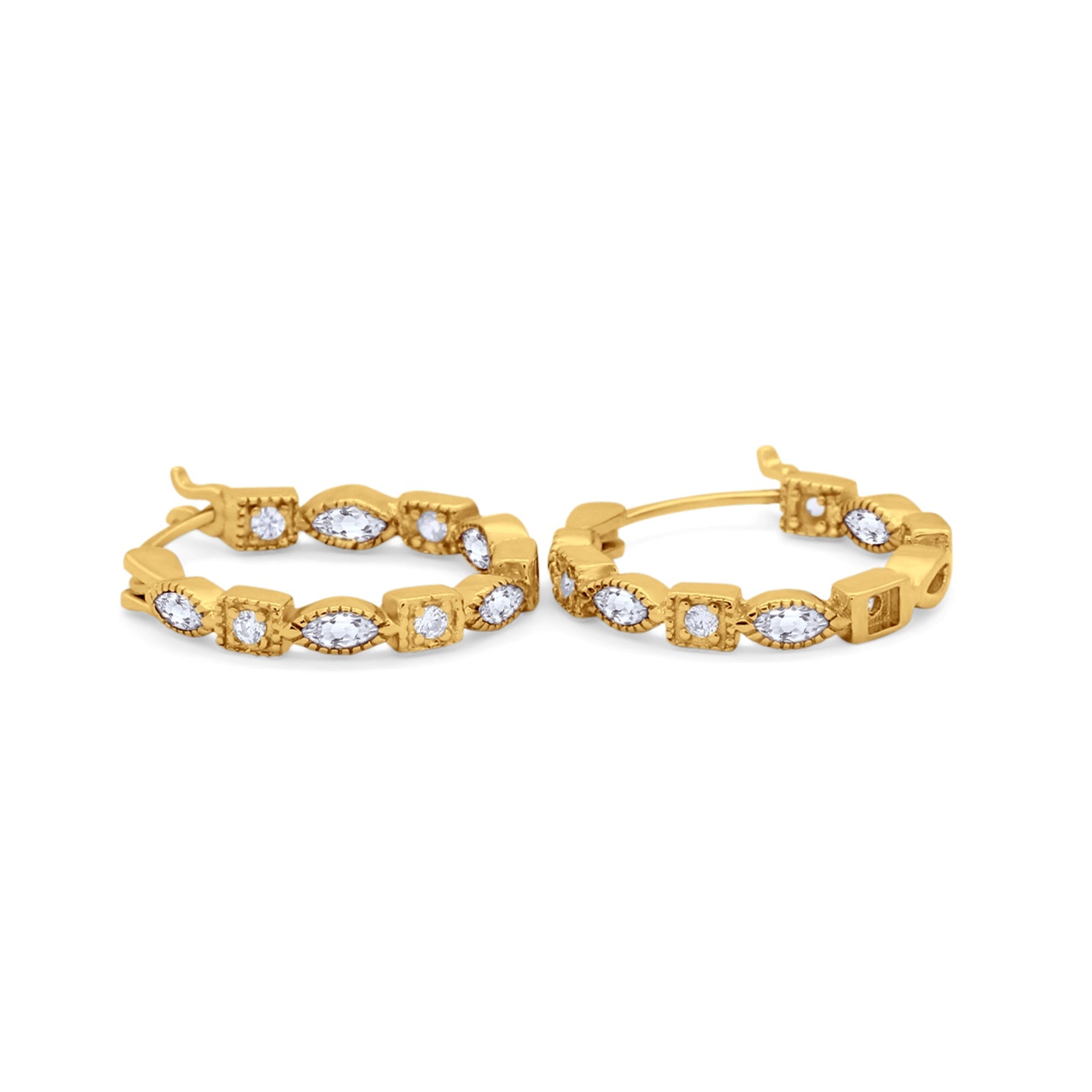 14K Yellow Gold Art Deco Hoop Earrings Marquise Round Simulated CZ