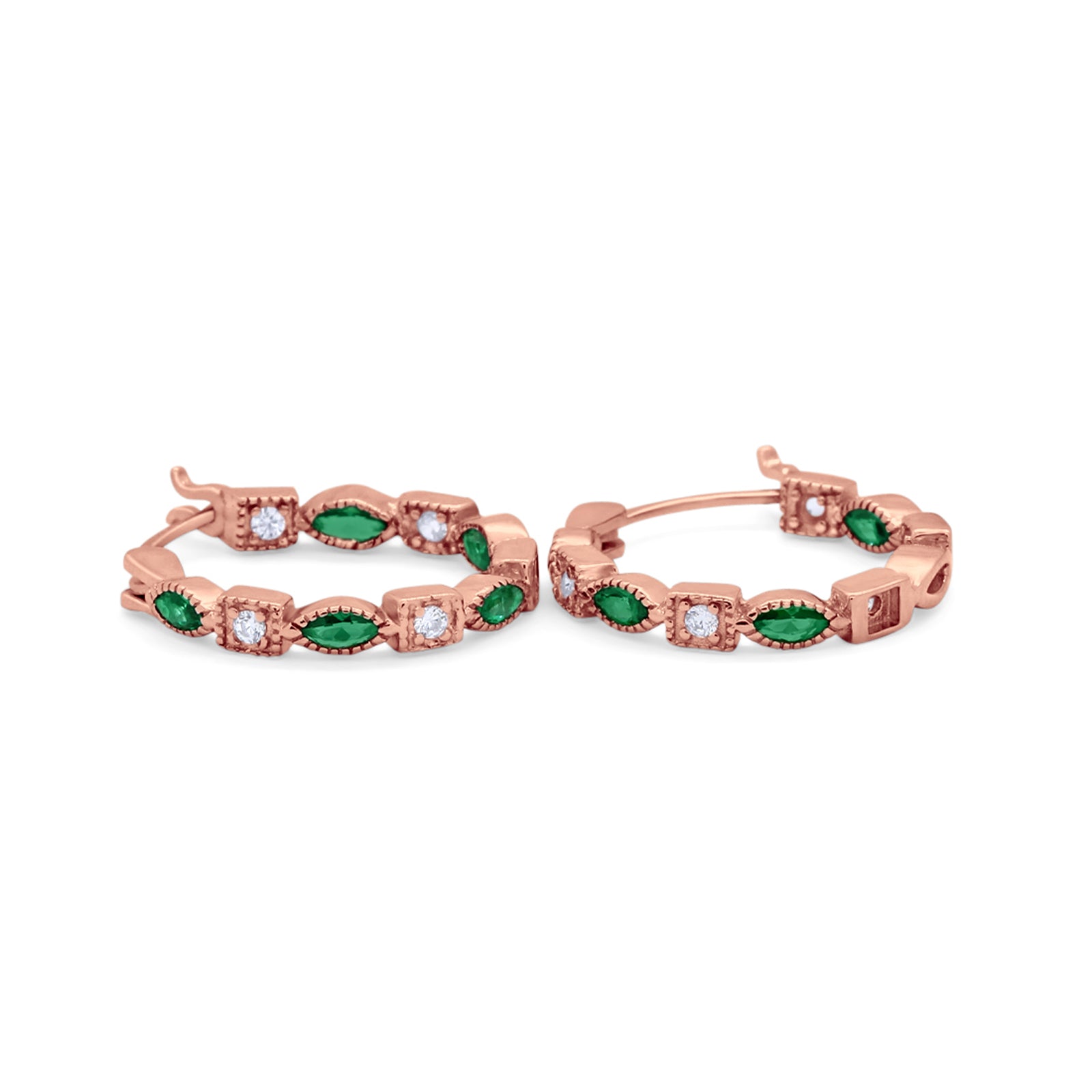 14K Rose Gold Art Deco Hoop Earrings Marquise Round Simulated Green Emerald CZ