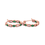 14K Rose Gold Art Deco Hoop Earrings Marquise Round Simulated Green Emerald CZ