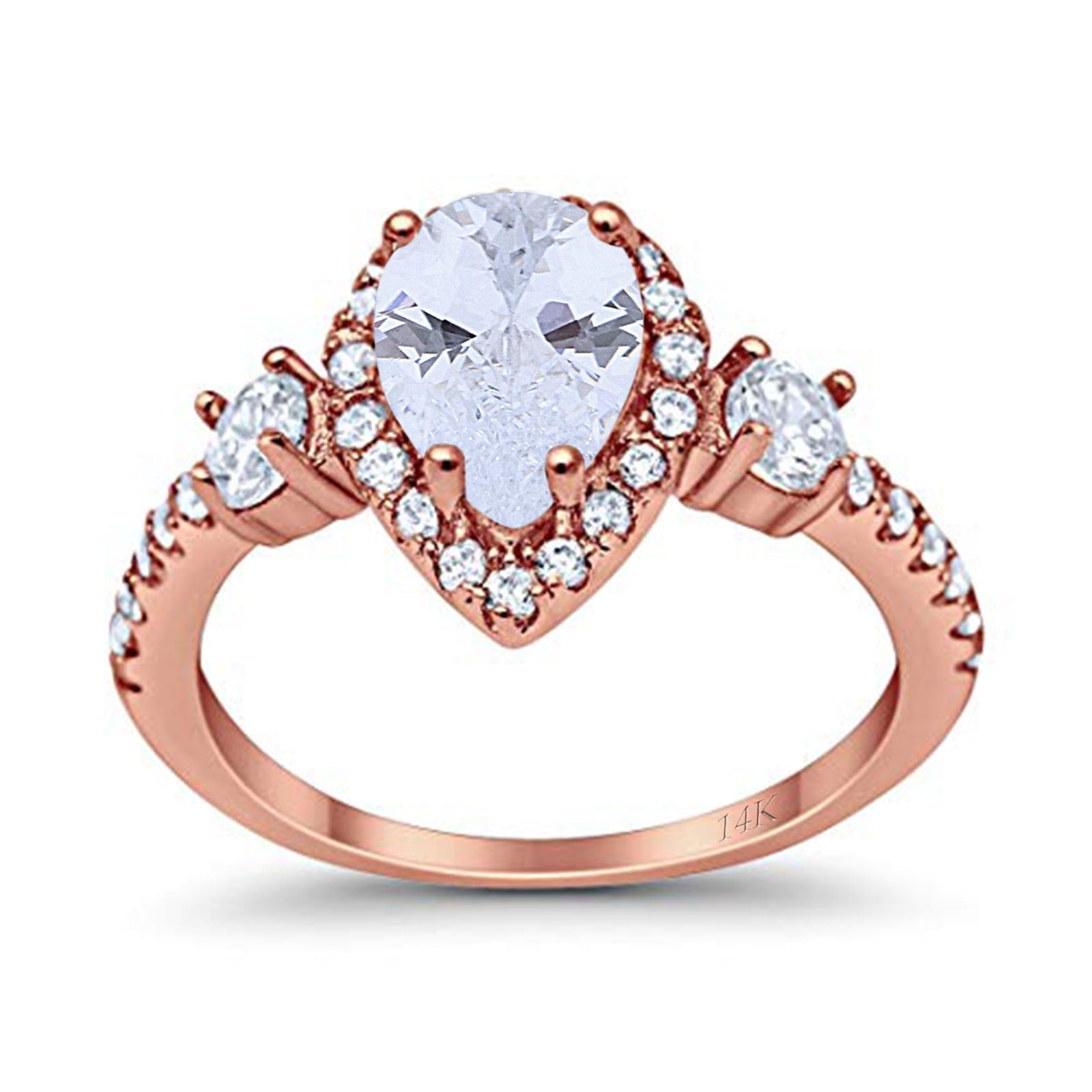 14K Rose Gold Three Stone Halo Teardrop Pear Fashion Bridal Wedding Engagement Ring Simulated CZ Size-7