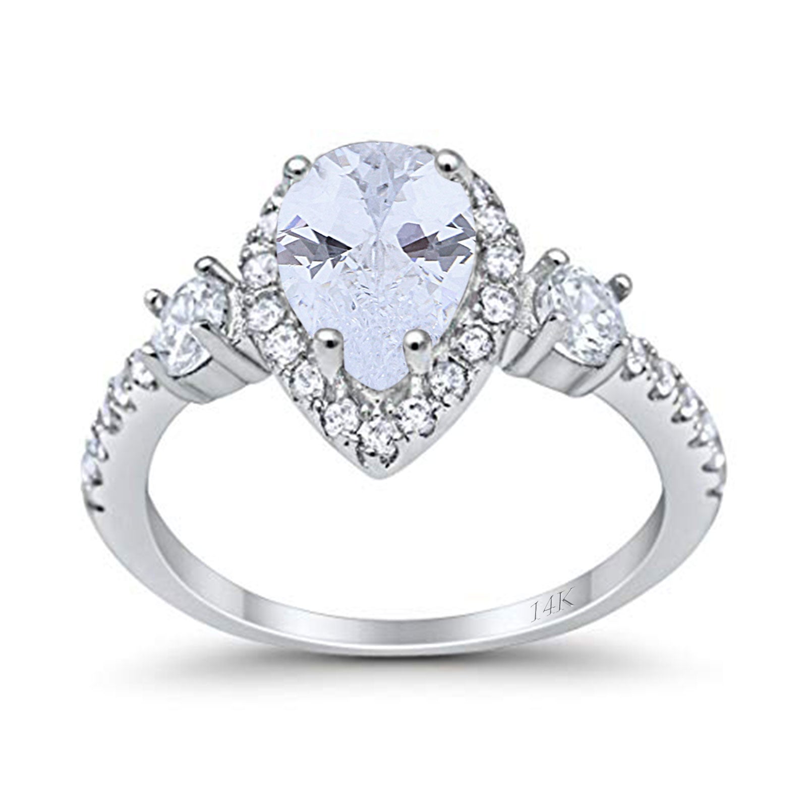 14K White Gold Three Stone Halo Teardrop Pear Fashion Bridal Wedding Engagement Ring Simulated CZ