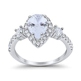 14K White Gold Three Stone Halo Teardrop Pear Fashion Bridal Wedding Engagement Ring Simulated CZ