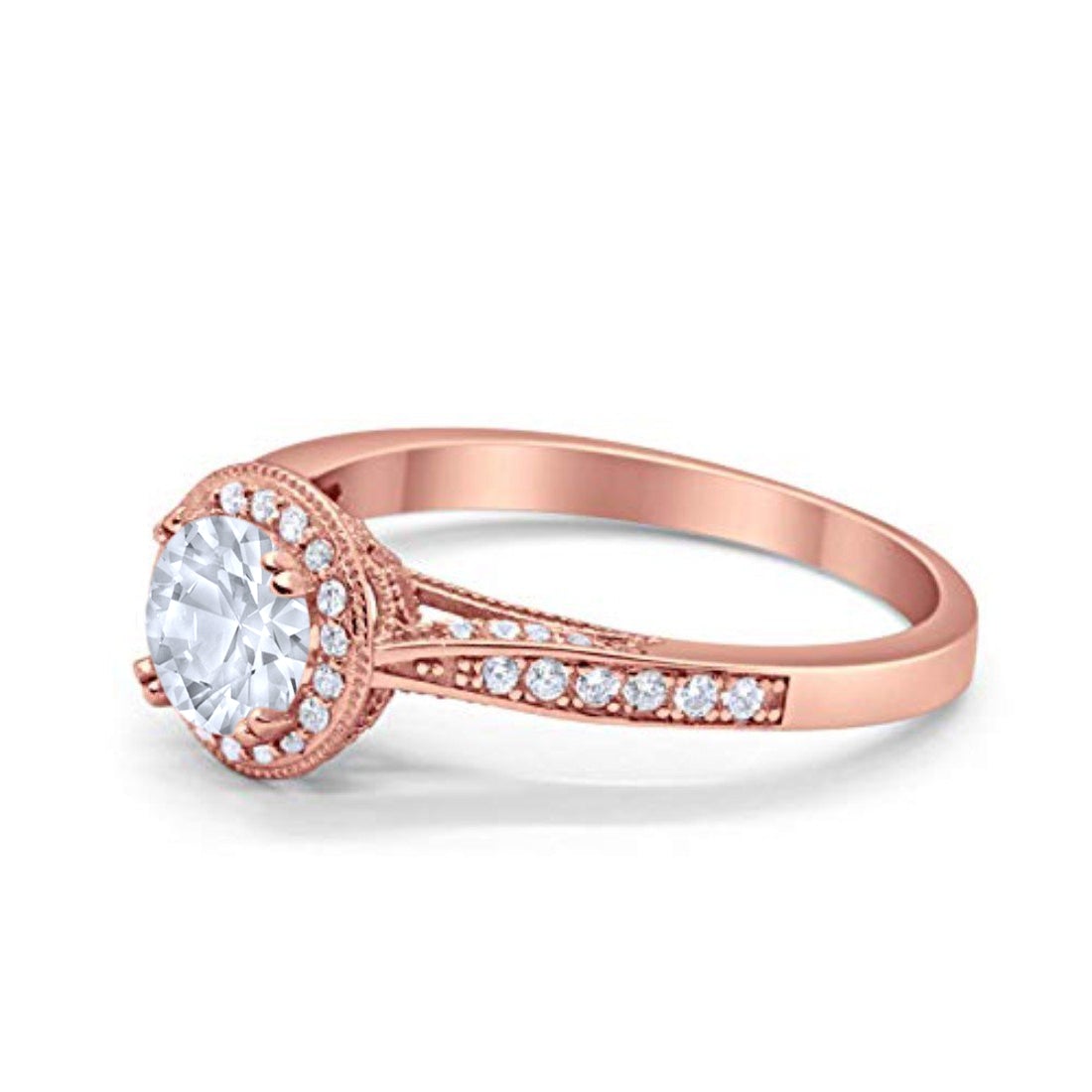 14K Rose Gold Halo Round Bridal Wedding Engagement Ring Simulated CZ Size-7