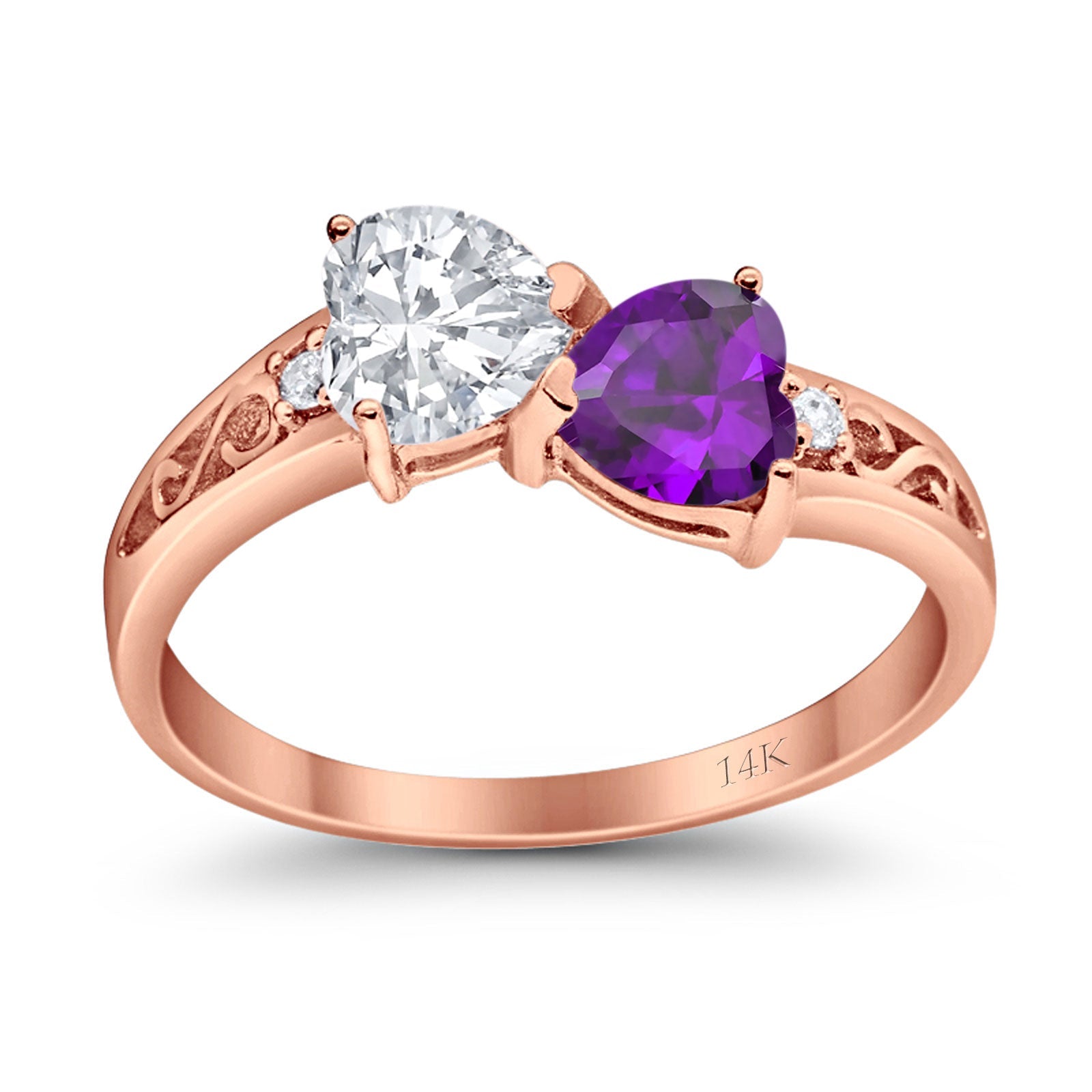 14K Rose Gold Double Heart Ring Bridal Wedding Engagement Ring Simulated CZ Size-7