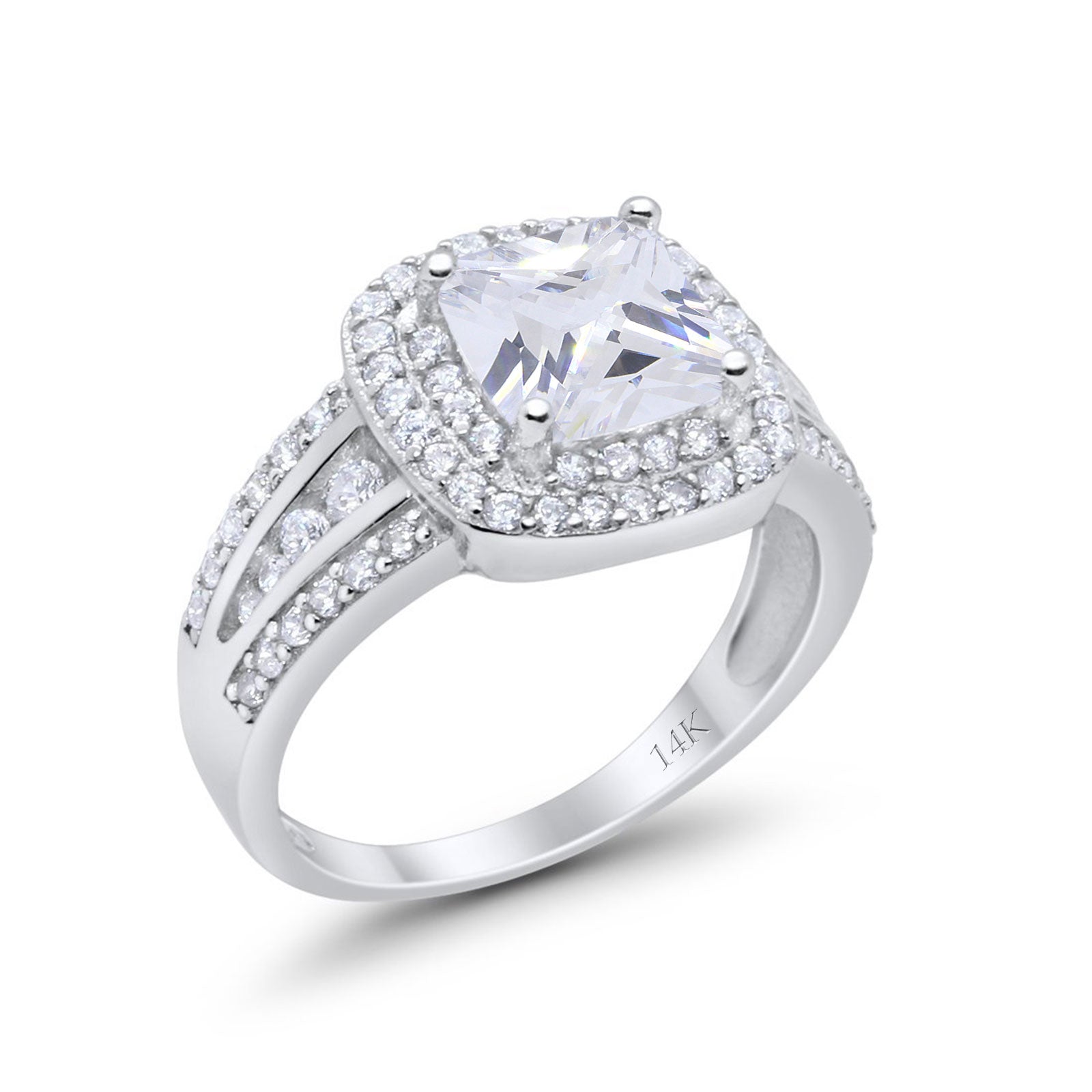 14K White Gold Halo Art Deco Wedding Ring Princess Cut Round Simulated CZ Size-7